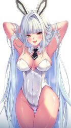 Rule 34 | absurdres, animal ear headwear, animal ears, armpits, arms up, ascot, black ascot, blanc (nikke), blush, breasts, chu.n, cleavage, covered navel, detached collar, fake animal ears, goddess of victory: nikke, highleg, highleg leotard, highres, large breasts, leotard, long hair, looking at viewer, navel, open mouth, pantyhose, playboy bunny, rabbit ears, smile, strapless, strapless leotard, very long hair, white hair, white leotard, yellow eyes