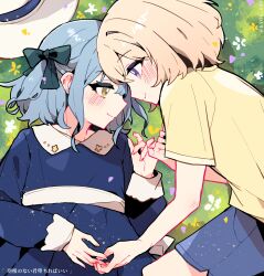 Rule 34 | 2girls, aged down, bang dream!, bang dream! it&#039;s mygo!!!!!, blonde hair, blue dress, blue hair, blue shorts, blush, bow, closed mouth, commentary, dated commentary, dress, flower, grass, green bow, hair bow, hat, highres, holding hands, kyou 039, long sleeves, medium hair, misumi uika, multiple girls, on ground, outdoors, pink flower, purple eyes, purple flower, shirt, short sleeves, shorts, smile, togawa sakiko, translation request, unworn hat, unworn headwear, white flower, white hat, yellow shirt, yuri