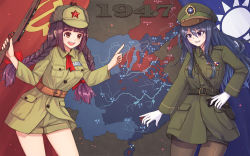 2girls :d black_hair bolt_action braid brown_eyes brown_hair brown_legwear china chinese_army chinese_civil_war communism flag green_headwear green_jacket green_shorts gun hair_between_eyes handgun hat highres holding holding_gun holding_weapon holstered jacket kuomintang long_hair long_sleeves looking_at_another map military military_hat military_jacket military_uniform multiple_girls open_mouth original people&#039;s_republic_of_china_flag pistol purple_eyes republic_of_china_flag shorts smile suikakitsu_shiro taiwan thighhighs twin_braids weapon