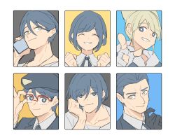 3boys 3girls adjusting_eyewear beret blonde_hair blue_eyes blue_hair clenched_hands closed_eyes closed_mouth collared_shirt column_lineup commentary_request fukurai_azami glasses gloves hair_between_eyes hand_on_eyewear hand_on_own_cheek hand_on_own_chin hand_on_own_face hand_up hands_up hat highres holding holding_phone jasmine_(toshi_densetsu_kaitai_center) kisaragi_ayumi kisaragi_tsutomu looking_at_viewer meguriya_ayumu multiple_boys multiple_girls ok_sign phone pointing pointing_at_viewer red-framed_eyewear shirt short_hair smile spoilers tomiiri_junzo toshi_densetsu_kaitai_center upper_body white_shirt xinhao
