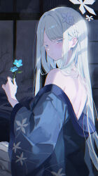 Rule 34 | 1girl, absurdres, bare back, bare shoulders, blue archive, blue flower, blue kimono, blush, closed mouth, flower, hair flower, hair ornament, highres, holding, holding flower, japanese clothes, kimono, long hair, looking at viewer, maria (maria rose), nagusa (blue archive), parted bangs, sidelocks, solo, white eyes, white flower, white hair