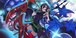 1girl :p adapted_costume aged_up ahoge asymmetrical_wings black_dress black_hair blue_wings boots breasts commentary dress earrings english_commentary game_cg highres holding holding_polearm holding_weapon houjuu_nue houjuu_nue_(the_unidentified_overly_fantastic_flying_girl) jewelry long_hair looking_at_viewer official_art pointy_ears polearm red_boots red_eyes red_wings snake solo thigh_boots third-party_source tongue tongue_out totatokeke touhou touhou_lostword trident ufo very_long_hair weapon wings wrist_cuffs