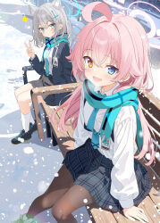 2girls :d ahoge animal_ear_fluff animal_ears aqua_eyes aqua_halo aqua_necktie aqua_scarf arm_support aruka_(alka_p1) bench black_footwear black_jacket blue_archive blue_eyes blush breasts brown_pantyhose closed_mouth collared_shirt comiket_105 commentary_request cowlick dot_mouth extra_ears fang foot_out_of_frame fringe_trim grey_hair grey_skirt hair_intakes hair_ornament halo hand_up heterochromia highres hoshino_(blue_archive) jacket long_hair long_sleeves looking_at_viewer miniskirt multiple_girls necktie on_bench open_mouth orange_eyes outdoors pantyhose pink_hair pink_halo plaid_clothes plaid_skirt pleated_skirt scarf shiroko_(blue_archive) shirt shoes short_hair sitting skirt small_breasts smile sneakers snow snowing socks sparkle v very_long_hair white_footwear white_shirt white_socks wing_collar wolf_ears wolf_girl wooden_bench yellow_eyes