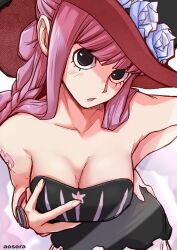 1girl :o aosora2823 bare_shoulders black_dress black_eyes breasts brown_background cleavage collarbone dress flower hand_on_own_hip hand_up hat hat_flower highres large_breasts long_hair one_piece open_mouth perona pink_hair red_hat simple_background solo strapless strapless_dress watch white_flower wristwatch