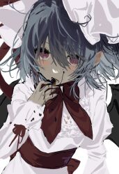 1girl back_bow bat_wings belt blue_hair blush bow candy chocolate chocolate_heart claws dress food food_on_face hair_between_eyes hand_up hat hat_ribbon heart heart-shaped_food highres holding holding_chocolate holding_food juliet_sleeves long_sleeves looking_at_viewer mob_cap open_mouth pointy_ears puffy_long_sleeves puffy_sleeves puritan_collar purple_eyes red_belt red_bow red_ribbon remilia_scarlet ribbon short_hair simple_background solo standing touhou tume_ama valentine white_background white_dress white_hat wings