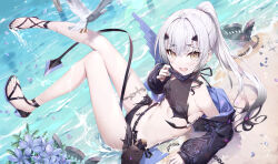 Rule 34 | 1girl, beach, bikini, black bikini, black shrug, blush, breasts, dragon wings, fate/grand order, fate (series), forked eyebrows, gabiran, high ponytail, highres, jewelry, long hair, long sleeves, looking at viewer, mask, melusine (fate), melusine (swimsuit ruler) (fate), melusine (swimsuit ruler) (first ascension) (fate), mouth mask, navel, open mouth, ponytail, sandals, shore, shrug (clothing), sidelocks, small breasts, smile, solo, stomach tattoo, swimsuit, tail, tattoo, thighlet, white hair, wings, yellow eyes