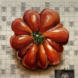 absurdres food food_focus highres julia_stankevych newspaper no_humans oil_painting_(medium) original painting_(medium) photo_(medium) realistic signature still_life tomato traditional_media wall_of_text