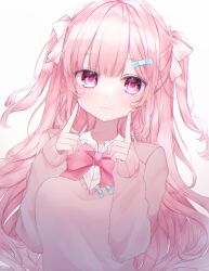 Rule 34 | 1girl, :3, absurdres, bandaid, bandaid hair ornament, bow, bowtie, collared shirt, commentary request, hair bow, hair ornament, highres, index fingers raised, long hair, long sleeves, mole, mole under eye, morino wako, original, pink eyes, pink hair, pink theme, school uniform, shirt, smile, solo, sweater, two side up, upper body