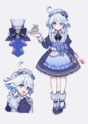 &quot;pour_la_justice&quot;_(genshin_impact) 1girl :d absurdres ahoge alternate_costume apron ascot black_ascot blue_bow blue_dress blue_eyes blue_gemstone blue_hair blue_pupils blue_shoes blush bow closed_mouth commentary_request dress drop-shaped_pupils enmaided fingernails footwear_bow frilled_apron frilled_hairband frills full_body furina_(genshin_impact) gem genshin_impact hair_between_eyes hairband hand_up heterochromia highres holding holding_tray light_smile long_sleeves looking_at_viewer maid maid_headdress medium_hair multicolored_hair multiple_views open_mouth puffy_long_sleeves puffy_sleeves shoes sikaku simple_background smile standing streaked_hair symbol-shaped_pupils teardrop-shaped_gem tray twitter_username white_apron white_background white_hair white_hairband