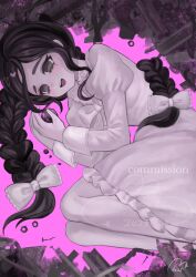 1girl black_hair blush bow braid commission dress eyelashes frilled_dress frills hair_bow heart highres lolita_fashion long_hair long_sleeves mole mole_under_eye open_mouth original pantyhose single_braid skeb_commission smile solo teeth upper_teeth_only usagimarumei very_long_hair white_dress white_pantyhose