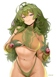 1girl boku_no_hero_academia breasts commentary deku&#039;s_photo_of_hagakure_toru english_commentary gloves grabbing_own_breast green_gloves green_hair hagakure_toru highleg highleg_panties highres large_breasts navel panties pointing pointing_at_self shirt simple_background smile solo standing stomach thojad underwear variant_set watermark white_background white_shirt