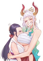 +++ 2girls absurdres alternate_breast_size anger_vein angry aqua_hair arm_around_waist bare_arms bare_shoulders between_breasts black_eyes black_hair blush bow breast_smother breasts budget_sarashi chest_sarashi closed_eyes curled_horns earrings face_to_breasts green_hair grin hair_bow hair_ornament hair_stick hakama hand_on_another&#039;s_back hand_on_another&#039;s_head head_between_breasts height_difference highres horns hug huge_breasts japanese_clothes jewelry kimono large_breasts long_hair looking_at_another low_ponytail multicolored_hair multicolored_horns multiple_girls nico_robin nico_robin_(wano) no_shirt one_piece oni ponytail red_hakama red_horns sarashi sc_scandium sleeveless sleeveless_kimono smile tall_female underboob upper_body v-shaped_eyebrows very_long_hair white_hair yamato_(one_piece) yellow_horns