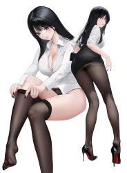 1girl abab_xiaxia black_eyes black_hair breasts cleavage feet highres light_blush long_hair looking_at_viewer looking_back miniskirt mole mole_under_eye office_lady original panties pantyhose parted_lips skirt soles toes underwear