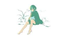 1girl absurdres ayn_(rnna) barefoot commentary creature english_commentary english_text full_body green_eyes highres holding holding_creature light_smile medium_hair original plant potted_plant rnna sidelocks simple_background sitting slime_(creature) sweater white_background