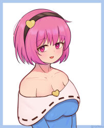 1girl :d adapted_costume artist_name bare_shoulders black_hairband blue_border blue_shirt border breasts brooch cleavage collarbone commentary_request hair_ornament hairband happy heart heart_brooch heart_hair_ornament highres jewelry komeiji_satori large_breasts light_blush looking_at_viewer off-shoulder_shirt off_shoulder open_mouth outside_border pink_eyes pink_hair shirt short_hair simple_background smile solo touhou upper_body vallneko white_background