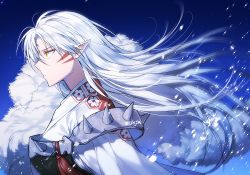 1boy blue_background facial_mark floating_hair inuyasha long_hair male_focus petals pointy_ears sesshoumaru signature silver_hair solo sukja upper_body very_long_hair yellow_eyes