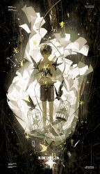 Rule 34 | 1boy, absurdres, animal, bandage on face, bandage on knee, bandages, bird, birdcage, black eyes, black hair, black shoes, book, brown vest, cage, chain, chinese text, collared shirt, constellation, english text, exhausted, falling, feathered wings, full body, glowing, haze, highres, holding, holding animal, holding bird, holding ribbon, lantercat, looking at viewer, low wings, male focus, meteor shower, multiple monochrome, night, night sky, oldest dream, omniscient reader&#039;s viewpoint, open book, ribbon, school uniform, shirt, shoes, short hair, sky, solo, sparkle, too many, too many birds, too many papers, vest, white shirt, wings, yellow ribbon, yellow theme