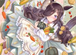 1girl alternate_costume animal_ears apron brown_hair carrot dress flower green_dress hair_over_one_eye horse_ears horse_girl long_hair long_sleeves looking_at_viewer potato pumpkin purple_eyes rice_shower_(umamusume) shirt sleeveless sleeveless_dress umamusume white_shirt yukiomi_kizuki