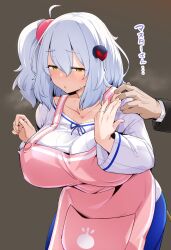 Rule 34 | 1boy, 1girl, angakoq, apron, blue skirt, blush, bombergirl, breasts, brown background, cowboy shot, hair ornament, half-closed eyes, hand on another&#039;s shoulder, heavy breathing, highres, jewelry, large breasts, pink apron, raised eyebrows, ring, shiroe (bombergirl), shirt, side ponytail, skirt, sphere hair ornament, striped clothes, striped shirt, vertical-striped clothes, vertical-striped shirt, wedding ring, white hair, white shirt, yellow eyes
