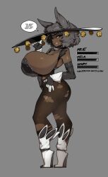 1girl absurdres animal_ear_fluff animal_ears ass black_leotard black_pantyhose breasts dark-skinned_female dark_skin full_body gloves green_eyes grey_hair highres huge_breasts leotard looking_at_viewer original pantyhose playboy_bunny r._blackriver_agogo shiny_skin short_hair simple_background slugbox solo standing sweat torn_clothes torn_pantyhose