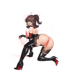 1girl ahoge animal_ear_headphones animal_ears ass back belt belt_collar black_belt black_boots black_collar black_gloves black_leotard boots bracelet breasts broken_headphones brown_hair brown_pantyhose cat_ear_headphones collar convenient_censoring defeat fake_animal_ears from_behind full_body gloves green_eyes hand_on_ground headphones high_heel_boots high_heels high_ponytail highres injury jewelry laser last_origin latex latex_boots latex_leotard leotard long_sleeves looking_at_viewer looking_back lower_teeth_only median_furrow medium_breasts medium_hair messy_hair nipples official_alternate_costume official_art on_one_knee pantyhose partially_visible_vulva ponytail shaded_face shoulder_blades sideboob sidelocks simple_background skindentation solo tachi-e tearing_up teeth thick_thighs thigh_boots thighs third-party_source tomo_(last_origin) torn_boots torn_clothes torn_leotard torn_pantyhose transparent_background tunamayo_(dsasd751) wavy_mouth