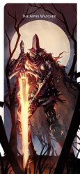 1boy abyss_watcher armor bandaged_arm bandages border cape character_request check_character chinese_commentary claymore_(sword) cloak commentary_request dark_souls_(series) dark_souls_iii dual_wielding english_text faceless faceless_male fire flaming_sword flaming_weapon full_body full_moon grey_hair helmet highres holding holding_sword holding_weapon knee_armor knife light_particles male_focus moon planted planted_sword planted_weapon red_cape short_hair shoulder_armor solo standing sword torn_cloak torn_clothes tworain_w weapon white_border