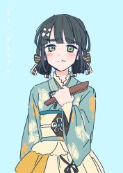 1girl 37.5c_no_fantasy black_hair blue_background blue_kimono blush clenched_hand closed_mouth cowboy_shot folded_fan folding_fan frilled_kimono frills green_eyes hair_rings hand_fan highres holding holding_fan japanese_clothes kimono kimono_skirt link!_like!_love_live! long_sleeves love_live! low-tied_hair_ring momose_ginko nogreen obi obiage obijime official_alternate_costume sash short_hair simple_background skirt solo split_mouth translation_request virtual_youtuber white_sash white_skirt