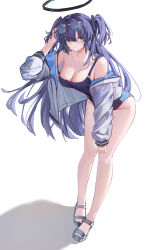 1girl absurdres bare_legs blue-tinted_eyewear blue_archive blush breasts cleavage collarbone commentary competition_swimsuit eyewear_on_head full_body groin halo highres jacket jacket_partially_removed large_breasts leaning_forward long_hair looking_at_viewer nonoka7221 one-piece_swimsuit purple_hair sandals simple_background solo sweat swimsuit tinted_eyewear two-sided_fabric two-sided_jacket two_side_up very_long_hair white_background white_jacket yuuka_(blue_archive)