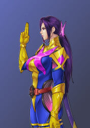 1girl absurdres blue_bodysuit bodysuit fishnets from_side gloves hair_intakes highres impossible_bodysuit impossible_clothes lips low_ponytail marvel marvel_rivals ponytail psylocke_(retro_x-uniform) purple_hair scabbard sheath superhero_costume tre_artz yellow_gloves