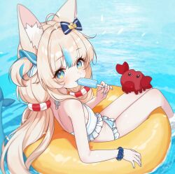 Rule 34 | 1girl, :3, adapted costume, ahoge, animal, animal ear fluff, animal ears, animal on leg, back, bare arms, bare legs, bikini, blonde hair, blue bikini, blue bow, blue eyes, blue nails, blue scrunchie, blue streaks, blue tail, blurry, bow, breasts, cat ears, commentary, crab, day, depth of field, english commentary, fingernails, fins, fish tail, food, food in mouth, frilled bikini, frills, hair bow, hair intakes, hand up, highres, holding, holding food, holding popsicle, indie virtual youtuber, innertube, kaniki (sameko saba), lifebuoy, lifebuoy hair ornament, long hair, long sidelocks, low twintails, mascot, mismatched bikini, moshiedraws, multicolored eyes, multicolored hair, nail polish, ocean, on innertube, one side up, outdoors, popsicle, reclining, ribbon-trimmed bikini, ribbon trim, sameko saba, scrunchie, sideboob, sidelocks, small breasts, soaking feet, solo, streaked hair, striped bikini, striped clothes, swim ring, swimsuit, tail, thighs, tongue, tongue out, twintails, two-tone eyes, very long hair, virtual youtuber, white bikini, wrist scrunchie, yellow eyes, yellow innertube