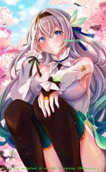 1girl absurdres aqua_dress aqua_shirt aqua_thighhighs black_hairband black_thighhighs blush breasts bridal_gauntlets cherry_blossoms closed_mouth collar collared_dress commentary_request detached_sleeves dress firefly_(honkai:_star_rail) frilled_shirt_collar frilled_sleeves frills gradient_hair green_pupils grey_hair hair_between_eyes hair_intakes hair_ornament hair_ribbon hairband hand_in_own_hair hand_on_own_knee highres honkai:_star_rail honkai_(series) long_sleeves multicolored_eyes multicolored_hair multicolored_thighhighs ribbon ribbon-trimmed_sleeves ribbon_trim shirt single_bridal_gauntlet sitting smile solo thighhighs tomoe_(pixiv_53856103) tree twitter_username two-tone_eyes white_collar white_sleeves