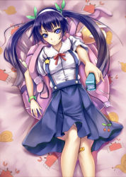 1girl backpack bag bakemonogatari bandaid bandaid_on_knee bandaid_on_leg black_hair blue_eyes cosplay female_focus hachikuji_mayoi hachikuji_mayoi_(cosplay) long_hair lying monogatari_(series) panties pantyshot ryo_(sora-ryu) senjougahara_hitagi skirt solo stapler suspender_skirt suspenders twintails underwear