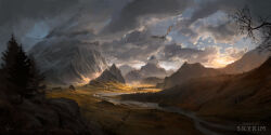 absurdres blue_sky cloud cloudy_sky commentary copyright_name dragon english_commentary evening highres hill landscape michal_kus mountain no_humans outdoors painterly pine_tree river rock scenery signature sky the_elder_scrolls the_elder_scrolls_v:_skyrim tree western_dragon