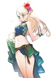1girl armband blonde_hair blush fate/grand_order fate_(series) female_focus flower gerda_(fate) green_eyes hair_flower hair_ornament hairband long_hair navel ryota-h solo swimsuit white_background