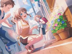 Rule 34 | 1boy, 2girls, :d, apron, bag, bang dream!, blue eyes, breasts, brown hair, closed eyes, collarbone, flower, hair ribbon, holding, holding watering can, light rays, long hair, medium breasts, multiple girls, official art, open mouth, outdoors, ponytail, ribbon, road, school bag, shirt, short hair, sky, smile, squatting, street, sunbeam, sunlight, twintails, watering can, wavy hair, white shirt, yamabuki saya, yellow apron