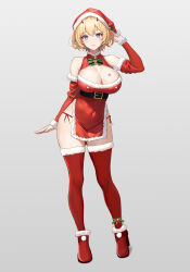 bare_shoulders blonde_hair blue_eyes boots breasts brown_dust_(series) brown_dust_2 cleavage_cutout clothing_cutout hand_on_headwear haruyuki_(karem) heart_on_chest high_heel_boots high_heels justia_(brown_dust) large_breasts santa_costume santa_panties short_hair