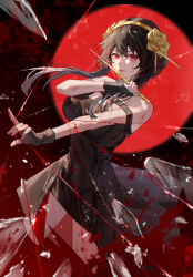1girl absurdres alin_leng_bu_sheng bare_shoulders black_dress black_gloves black_hair blood blood_on_body blood_on_face breasts broken_glass commentary cowboy_shot dagger dress english_commentary fingerless_gloves floating_hair glass gloves hairband highres knife large_breasts lipstick long_hair looking_at_viewer makeup red_eyes red_lips sidelocks solo spy_x_family stiletto_(weapon) thread weapon yellow_hairband yor_briar