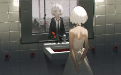 1girl absurdres arms_behind_back bare_arms black_coat black_necktie blood bottle broken_mirror choppy_bangs chromatic_aberration cityscape coat collared_shirt dress expressionless faucet flower_in_cup glass grey_eyes highres holding_own_wrist horror_(theme) laluna median_furrow mirror necktie open_clothes open_coat original pool_of_blood reflection shirt shoulder_blades sink sleeveless sleeveless_dress smeared_blood tile_wall tiles white_dress white_shirt window