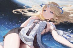 1girl bare_shoulders black_collar black_dress blonde_hair blue_eyes breasts cartethyia_(wuthering_waves) collar commentary crown_of_thorns ddcc0123 dress hair_spread_out hand_up hashtag-only_commentary long_hair looking_at_viewer lying on_back pointy_ears ripples sidelocks small_breasts solo tabard very_long_hair water white_tabard wuthering_waves
