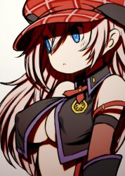 1girl :&lt; alisa_ilinichina_amiella bare_shoulders beeru_(veil8801) black_shirt blue_eyes breasts newsboy_cap closed_mouth covered_erect_nipples cropped_shirt god_eater gradient_background grey_hair hair_between_eyes hat highres large_breasts long_hair plaid_hat purple_trim shirt sleeveless sleeveless_shirt solo underboob