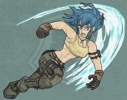 1girl blue_eyes blue_hair boots breasts curvy earrings female_focus gloves hairyscarecrow huge_breasts jewelry large_breasts leather leg_up leona_heidern long_hair military open_mouth pants ponytail shirt tank_top the_king_of_fighters thick_thighs thighs wide_hips