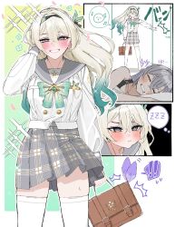 Rule 34 | !, !!, 2girls, bag, black hairband, black ribbon, blush, bow, bowtie, brown bag, buttons, carrot 011, collared shirt, double-breasted, firefly (honkai: star rail), firefly (spring missive) (honkai: star rail), gradient hair, green bow, green bowtie, grey hair, grey sailor collar, grey skirt, hair between eyes, hair intakes, hair ornament, hairband, hand in own hair, handbag, highres, holding, holding bag, honkai: star rail, honkai (series), multicolored hair, multiple girls, open mouth, pleated skirt, pout, ribbon, sailor collar, shirt, silver wolf (honkai: star rail), skirt, sleeping, smile, sparkle, sweatdrop, teeth, thighhighs, white shirt, white thighhighs, zzz