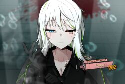 1girl alfonso_(project_moon) alternate_costume barcode barcode_tattoo black_gloves black_jacket black_shirt blue_eyes faust_(project_moon) gloves green_hair grey_hair highres jacket limbus_company long_hair looking_at_viewer manli multicolored_hair one_eye_closed project_moon shirt solo tattoo two-tone_hair