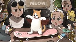 3girls :o ^_^ animal_hair_ornament baby_animal backwards_hat banana_peel bandaid bandaid_on_hand bangs_pinned_back baseball_cap beak_hold bird blonde_hair blue_eyes brown_eyes brown_hair cat chicken chili_pepper closed_eyes clumsy_nun_(diva) collar commentary diva_(hyxpk) duck duck_hair_ornament duckling english_commentary eyewear_on_head frog froggy_nun_(diva) hair_ornament hat heart heart-shaped_eyewear highres hood hoodie little_nuns_(diva) mouth_hold multiple_girls nun ostrich rubber_band shaded_face shadow skateboard slice_of_life spicy_nun_(diva) standing sunglasses topknot traditional_nun triangle_mouth u_u wood_carving_tool yellow_eyes