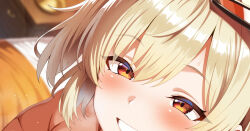 1girl bed bilingual_commentary blonde_hair blurry blurry_background blush breath burnice_white commentary cropped english_commentary eyewear_on_head grin indoors looking_at_viewer mixed-language_commentary on_bed orange-tinted_eyewear orange_eyes paid_reward_available short_hair smile table takashia_(akimototakashia) teeth tinted_eyewear zenless_zone_zero