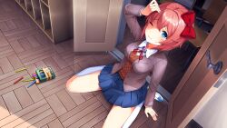 1girl ^_^ arm_support arm_up blazer blue_eyes blue_skirt blush book bookshelf bottle bow breasts brown_hair brown_jacket brown_sweater_vest button_gap buttons chair classroom closed_eyes collared_shirt commentary crayon doki_doki_literature_club doki_doki_literature_club_school_uniform door doorway dot_nose double-parted_bangs dress_shirt dropped_object dutch_angle embarrassed english_commentary fallen_down fingernails forehead from_above furrowed_brow game_cg grey_jacket grin hair_bow hand_on_own_forehead highres impossible_clothes indoors jacket kneehighs legs_apart long_eyelashes long_fingernails long_sleeves looking_at_viewer looking_up medium_breasts miniskirt neck_ribbon nervous_smile non-web_source official_art on_floor one_eye_closed open_clothes open_door open_jacket partially_shaded_face pink_nails pleated_skirt pov_doorway raised_inner_eyebrows red_bow red_ribbon ribbon satchely sayori_(doki_doki_literature_club) school school_uniform shirt short_hair sidelocks sitting skirt small_sweatdrop smile socks solo sweater_vest teeth thick_eyelashes v-neck wariza white_shirt white_socks wooden_floor