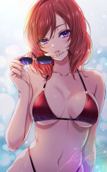 1girl :o alternate_costume bikini blush breasts collarbone commentary_request fingernails highleg highleg_bikini highres holding holding_removed_eyewear koya_(koya_x_00) large_breasts looking_at_viewer love_live! medium_hair navel nishikino_maki pink_eyes red_bikini red_hair signature solo stomach string_bikini sunglasses swimsuit unworn_eyewear