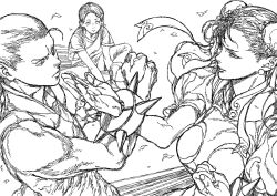 Rule 34 | bracelet, capcom, chinese clothes, chun-li, double bun, falling leaves, fighting stance, gauntlets, hair bun, hair ribbon, high collar, highres, jewelry, leaf, lipstick, makeup, monochrome, muscular, muscular female, muscular male, outdoors, outstretched crossed arms, ribbon, simple background, sitting, spiked bracelet, spikes, street fighter, street fighter iii (series), worried, yoshihara motoki, yun lee