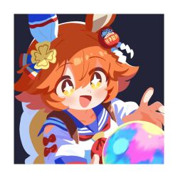 +_+ 1girl :d animal_ears blue_sailor_collar clothing_cutout collarbone daruma_doll ear_covers hair_ornament highres horse_ears horse_girl light_blush looking_at_object matikanefukukitaru_(umamusume) open_mouth orange_hair raised_eyebrows sailor_collar short_hair shoulder_cutout single_ear_cover smile solo umamusume waonaolmao yellow_eyes