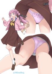 Rule 34 | 1girl, anyoji hime, artist name, blue eyes, bow legwear, brown dress, brown shoes, dress, full body, gradient hair, hasu no sora school uniform, highres, jacket, link! like! love live!, loafers, long hair, long sleeves, looking at viewer, love live!, multi-tied hair, multicolored hair, multiple views, neckerchief, open clothes, open jacket, open mouth, panties, pantyshot, pink hair, pink jacket, pink panties, rei (09991), sailor collar, sailor dress, school uniform, shoes, simple background, socks, standing, standing on one leg, underwear, upskirt, white sailor collar, white socks, yellow neckerchief